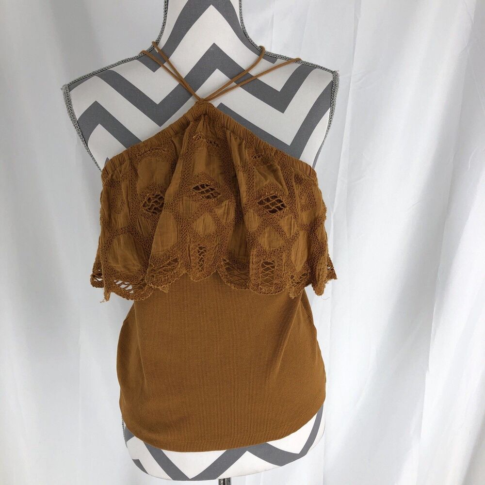 Anthropologie Boho Brown Ribbed Halter Strappy Top Eyelet Lace Ruffle Womens M